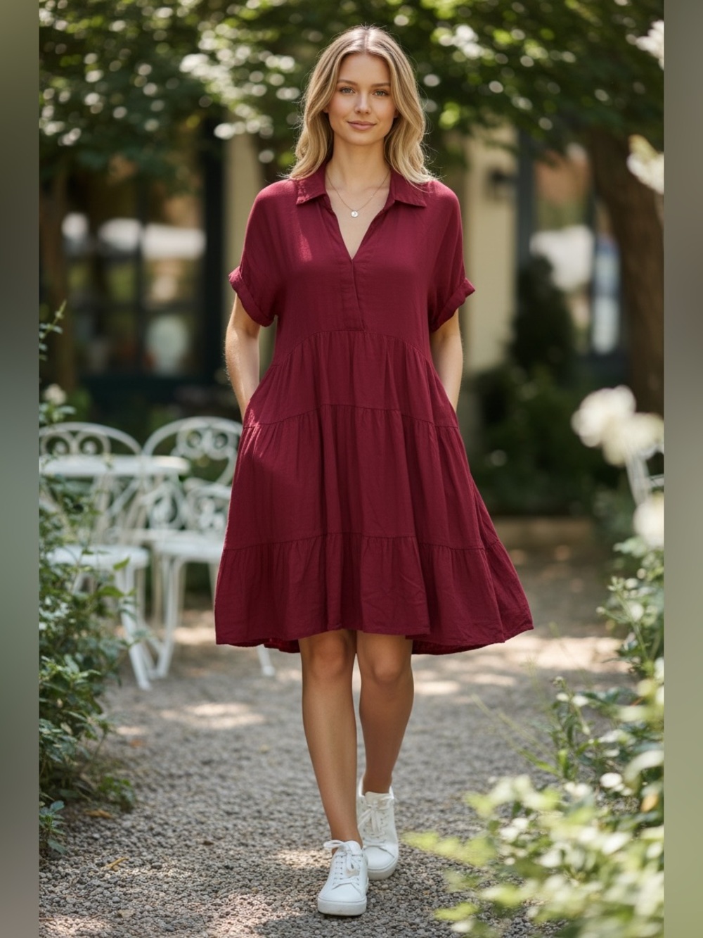 Umgee Burgundy Tiered Babydoll Shirt Dress – Size Large